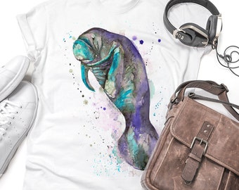 Blue manatee T-shirt, Unisex T-shirt, ring spun Cotton 100%, watercolor print T-shirt, T shirt art, T shirt animal,XS, S, M, L, XL, XXL