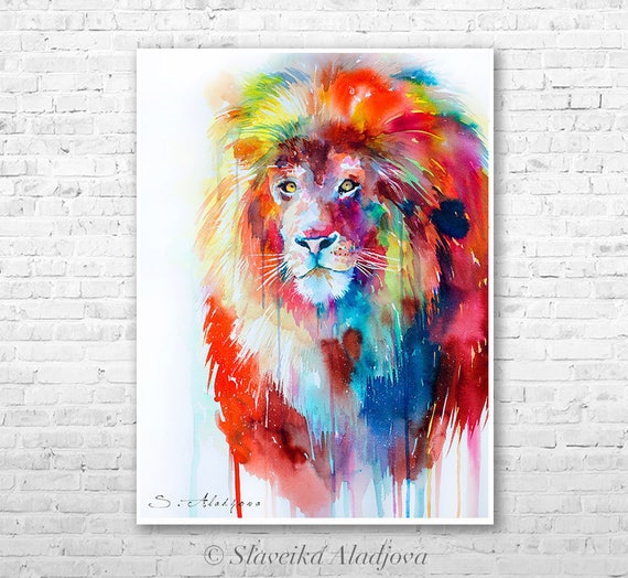 Lion watercolor painting print by Slaveika Aladjova art | Etsy
