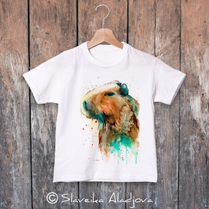 Capybara watercolor kids T-shirt, Boys&#39; Clothing, Girls&#39; Clothing, ring spun Cotton 100%, watercolor print T-shirt,T shirt art