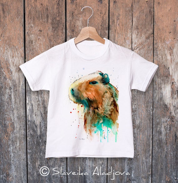 Capybara watercolor kids T-shirt, Boys' Clothing, Girls' Clothing, ring  spun Cotton 100%, watercolor print T-shirt,T shirt art