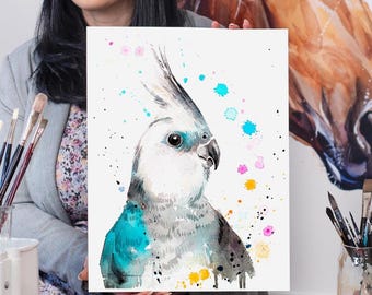 Cockatiel parrot Limited Edition Watercolor Art Print by Slaveika Aladjova, animal, illustration, bird, home decor, painting, Contemporary