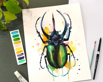 Atlas beetle watercolor painting print by Slaveika Aladjova, art, animal, illustration, home decor, Nursery, gift, Wildlife, wall art