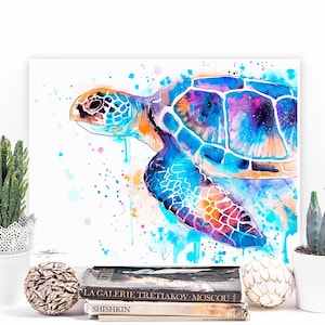 Blue Sea turtle watercolor painting print by Slaveika Aladjova, art, animal, illustration, Sea art, sea life art, home decor, Wall art