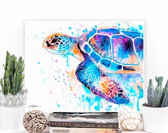 Blue Sea turtle watercolor painting print by Slaveika Aladjova, art, animal, illustration, Sea art, sea life art, home decor, Wall art