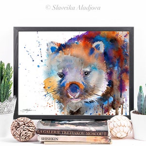 May include: Watercolor painting of a wombat with a blue, orange, and purple background. The wombat is looking directly at the viewer with a cute expression.