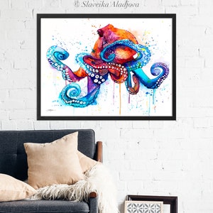 Octopus watercolor painting print by Slaveika Aladjova, art, animal, illustration, Sea art, sea life art, home decor, extra large print image 9