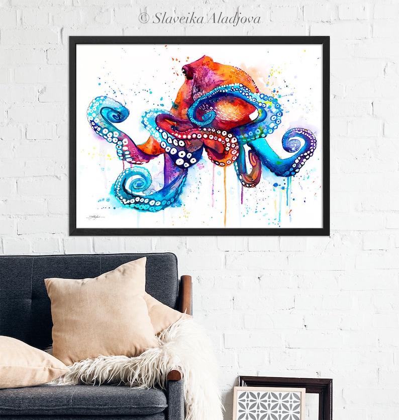 Octopus watercolor painting print by Slaveika Aladjova, art, animal, illustration, Sea art, sea life art, home decor, extra large print image 9