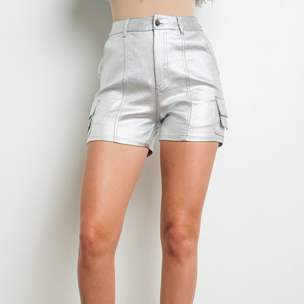 Silver metallic cargo shorts