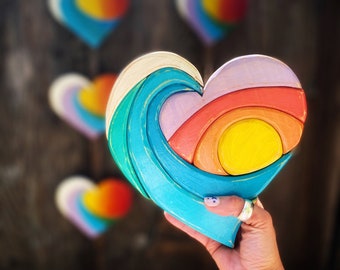 Wood Sunset wave heart wall decor mini 8”, handmade beach house style,