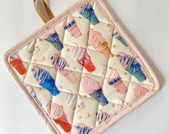 Summer Ice Cream Cork and Cotton Pot Holder- vegan, sustainable, washable, three layer