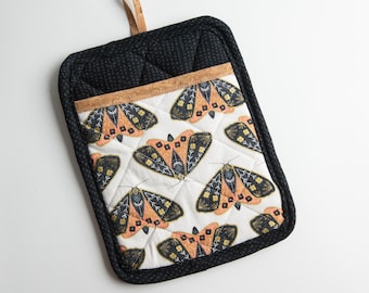 Embroidered Moth Cork and Cotton Pot Holder- vegan, sustainable, washable