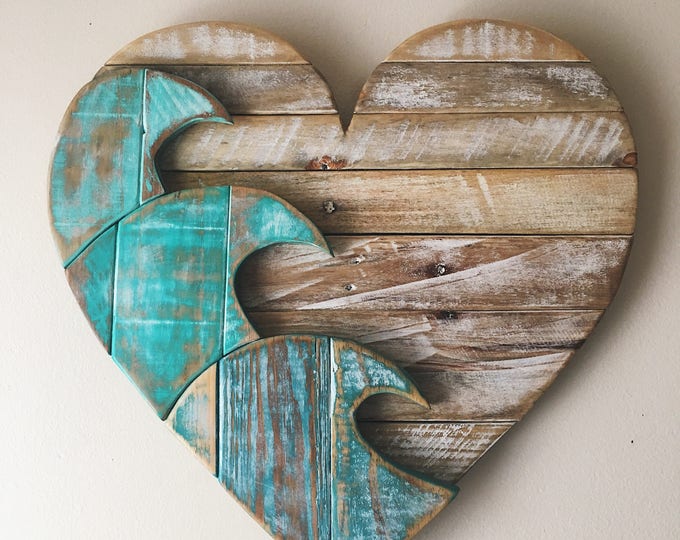 Featured listing image: Turquoise Blue Wave Heart Home Decor: Rustic Reclaimed Wood for Beach, Island, and Nautical Themes
