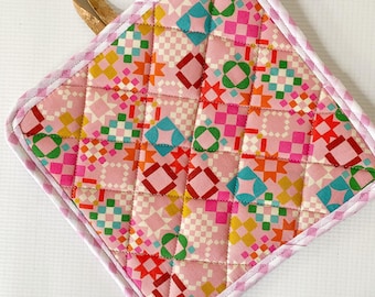 Pink Patch Quilt  Cork and Cotton Pot Holder- vegan, sustainable, washable, three layer