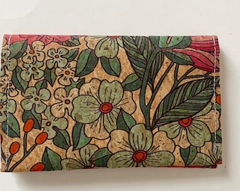 Teal and Pink Flowers Cork Wallet- 2 pocket, money and card holder , small wallet