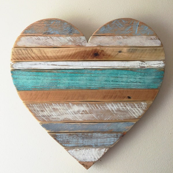 Hand-Painted Beach Cottage Heart - Teals, Blues, and Whites - Rustic Coastal Décor - 18x18