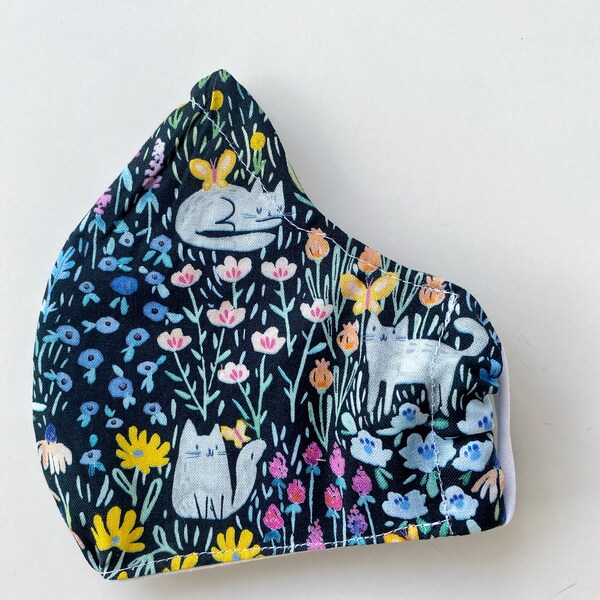 Face mask cotton triple layer- Cats in wildflowers
