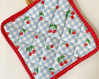 Cherry Check Cork and Cotton Pot Holder- vegan, sustainable, washable, three layer