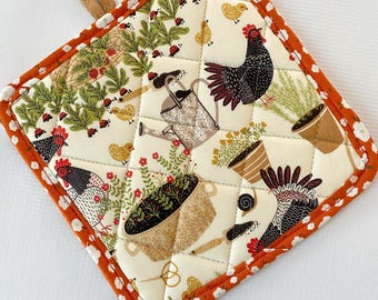 Hens and Chicks Cork and Cotton Pot Holder- vegan, sustainable, washable, three layer