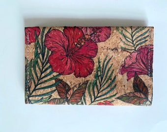 Hibiscus Cork Wallet - 2 pocket wallet, money holder , card holder, gift card