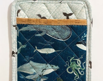 Whale Tales Cork and Cotton Potholder- vegan, sustainable, washable, organic, three layers