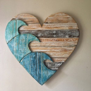Handcrafted Large Blue Wave Heart Décor from Reclaimed Wood - Perfect for Nautical, Rustic, and Beach-Themed Homes