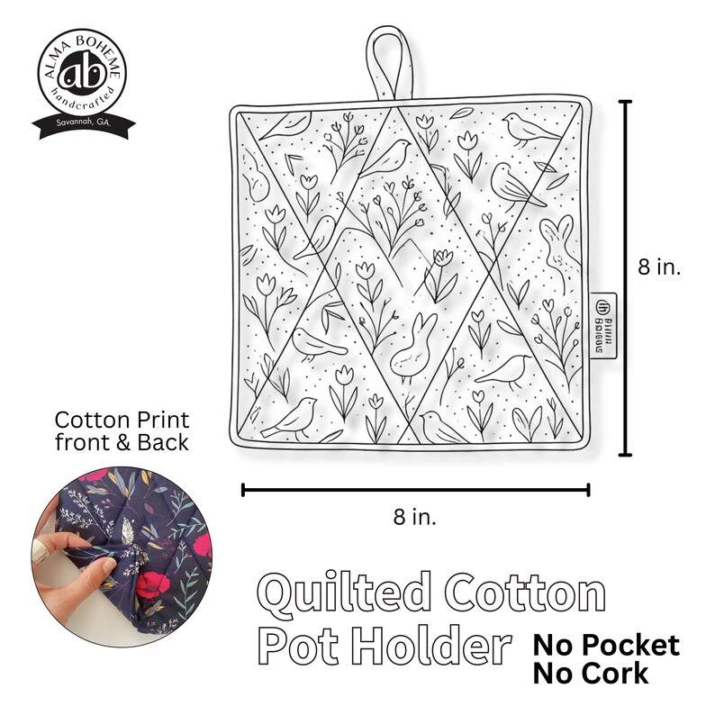 May include: A square, quilted cotton pot holder with a black and white floral and bird design. The pot holder is 8 inches by 8 inches and has a loop for hanging. The text "Quilted Cotton Pot Holder" is displayed.
