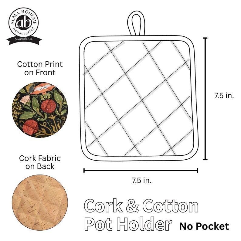 May include: Square pot holder with a quilted white design and a loop for hanging. The front features a cotton print with a floral design in red, orange, and green. The back is cork fabric. The pot holder measures 7.5 inches by 7.5 inches.