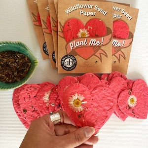May include: A collection of heart-shaped wildflower seed papers in shades of pink, each with a small daisy. The papers are displayed with several seed packets that read "Wildflower Seed Paper" and "Plant Me!"