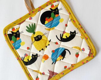 Fruit Cats Cork and Cotton Pot Holder- vegan, sustainable, washable, three layer
