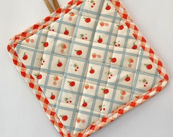 Apples and Strawberries Cork and Cotton Pot Holder- vegan, sustainable, washable, three layer