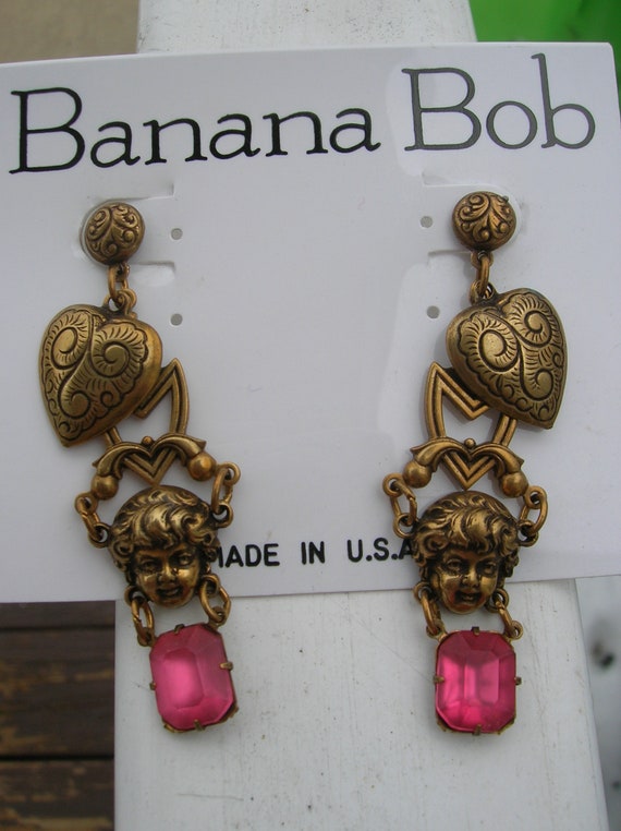 Banana Bob brass  etched heart earrings with tiny 