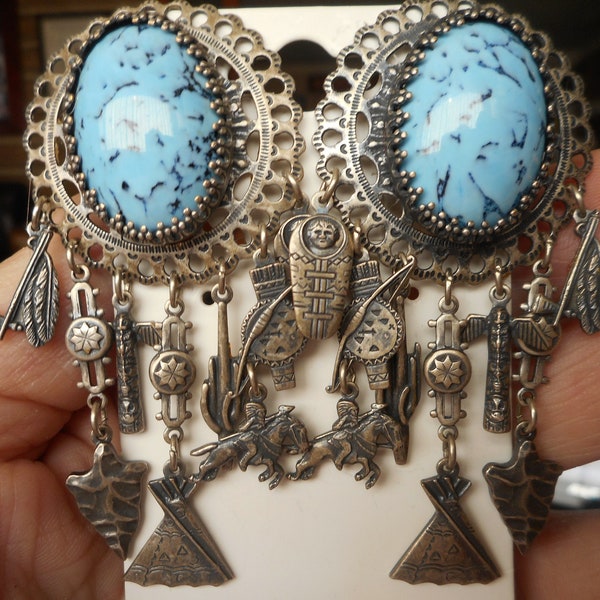 Banana Bob silvertone faux turquoise american indian inspired earrings