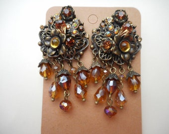 Sweet Romance clip brass flower earrings with topaz stones,bads and cabs