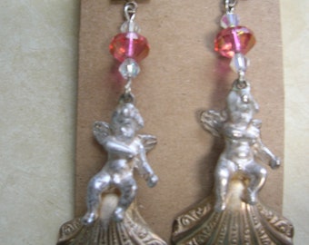 Kirks Folly shell and angel earrings with pink beads