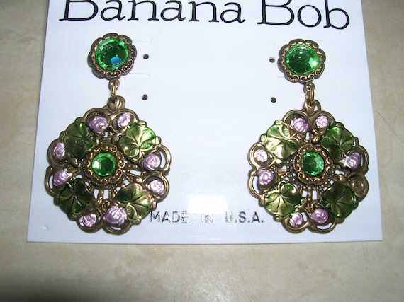 Banana Bob pierced enameled wreath earrings with … - image 1