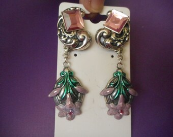 shiny silvertone clip pink lily earrings with pink stones