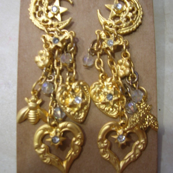 Kirks Folly goldtone moon and heart earrings with clear stones