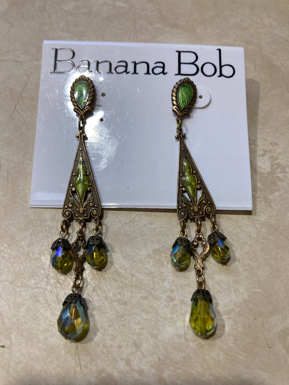 Rare Banana bob green enameled earrings with AB gr