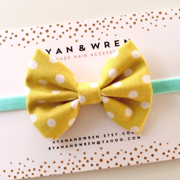 baby bow headband-citron dots on Aqua elastic