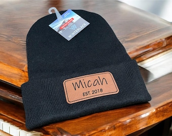 Custom Name Leather Patch Kids Beanie: Personalized Youth Hat