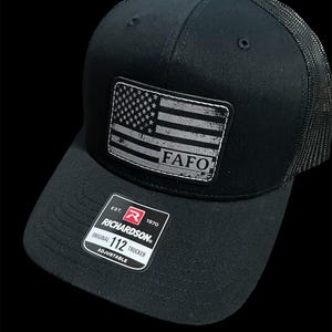 FAFO American Flag Leather Patch Hat | Richardson 112 | Gift for Him | Black/Silver Patch | Charcoal/Black Hat | Blue Collar | Custom Hat