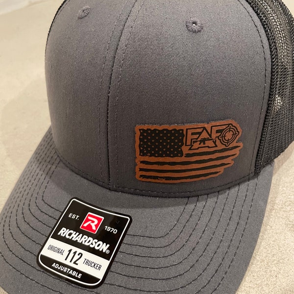 FAFO American Flag Leather Patch Hat | Richardson 112 | Gift for Him | Charcoal/Black Hat| Blue Collar |Custom Hat logo | Richardson 112 hat