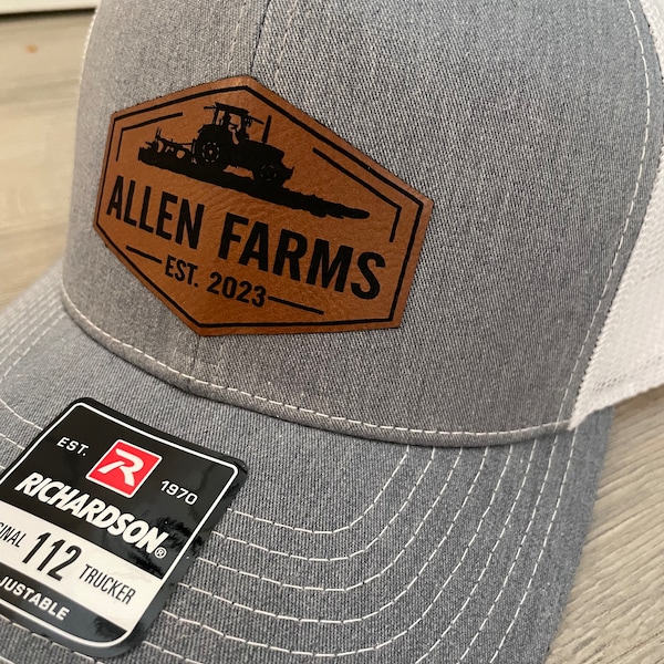 Personalized Tractor with Farm Name & Est Date | Custom Hat | Richardson 112 | Laser Engraved Leather Patch Hat | Gift for Him | Best Hat