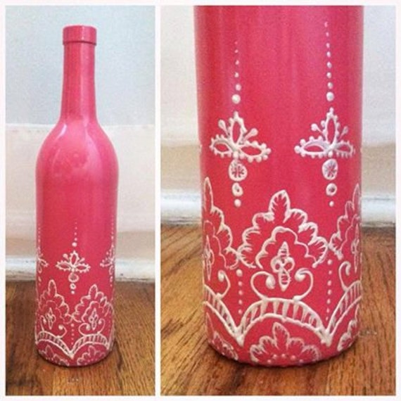 Items similar to Pink Wine Bottle with White Lace (Custom Colors Available) on Etsy