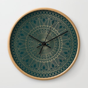 Luxury Ornamental Golden Eye Mandala On Dark Green Wall Clock, Boho Clock, Yoga Gold Mandala Minimalist Clock, Dark Green Gold Wall Clock