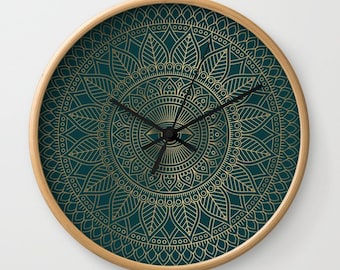 Luxury Ornamental Golden Eye Mandala On Dark Green Wall Clock, Boho Clock, Yoga Gold Mandala Minimalist Clock, Dark Green Gold Wall Clock