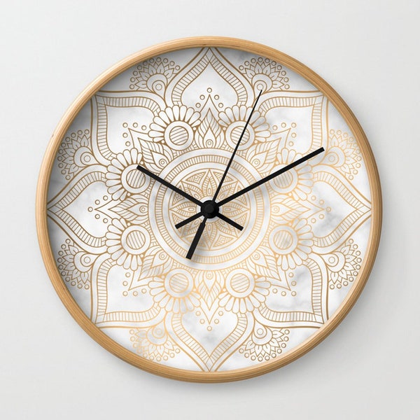 Marble Gold Mandala Wall Clock, Boho Mandala Wall Clock, Gold Mandala Wall Clock, Marble Wall Clock, Mandala Wall Clock, Bohemian Wall Clock