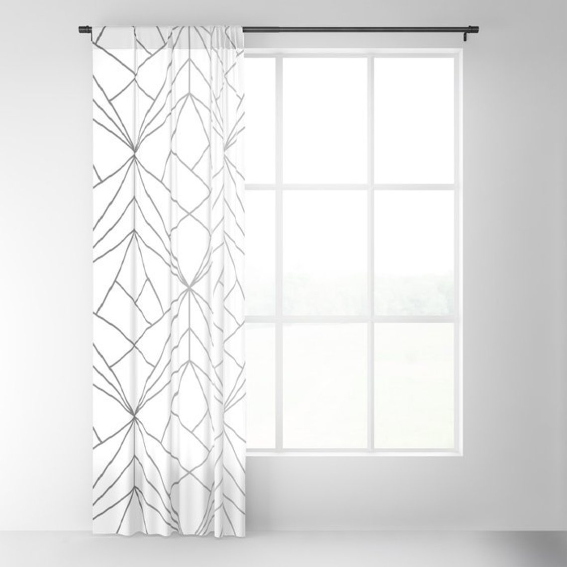 Geometric Silver Pattern Window Curtains, Bohemian Curtains, Silver