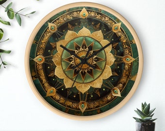 Spiritual Navigator: Chakras in Modern Mandala Wall Clock • Mandala Wall Clock • Modern Mandala • Luxury Mandala On Dark Green Wall Clock
