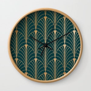 Hidden Sapphire Gold Pattern Wall Clock, Bohemian Wall Clock, Modern Wall Clock, Minimalist Gold Pattern Clock, Dark Green Gold Wall Clock